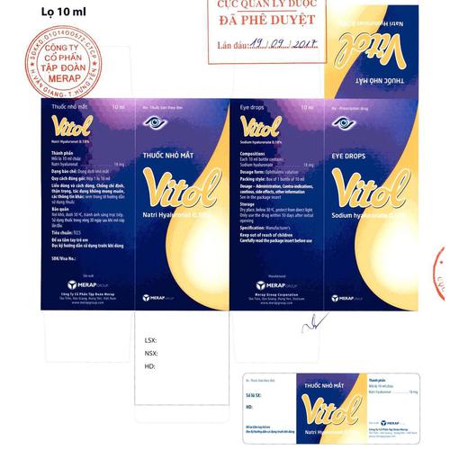 Nhỏ Mắt Vitol (Natri Hyaluronat) 18mg Merap (Lốc/10chai/10ml)